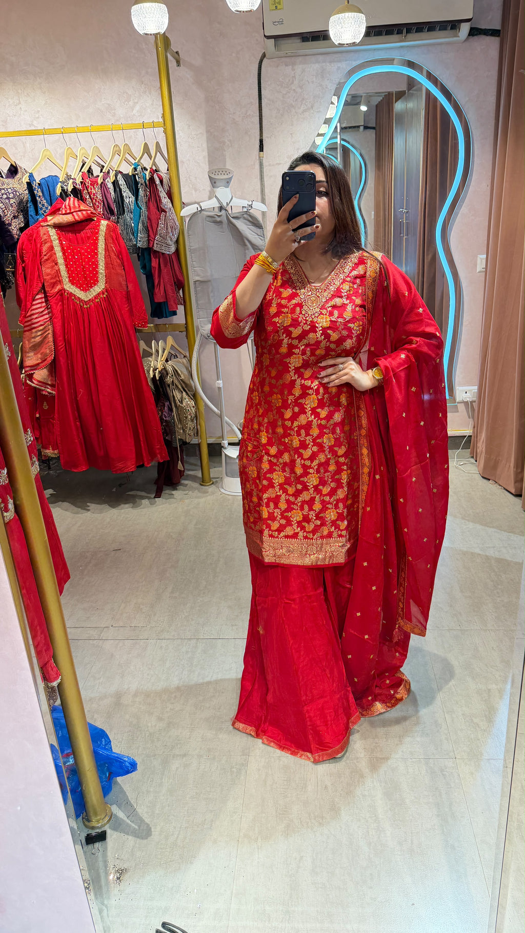 Red & Gold Embroidered Punjabi Suit with Flared Palazzo
