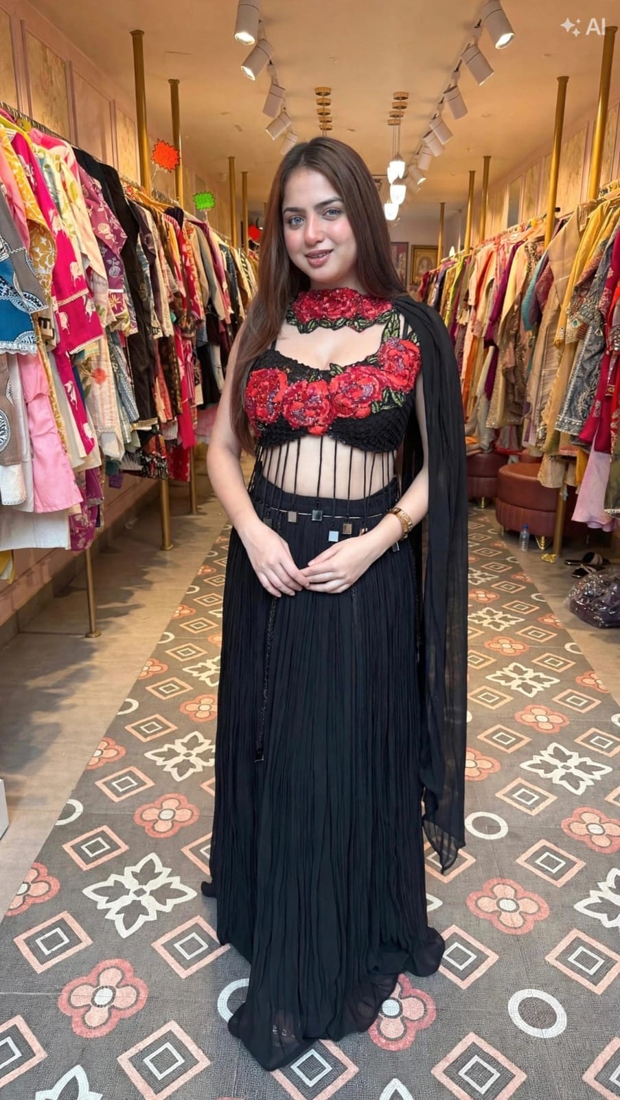 Black Pleated Indo-Western Co-ord set / Floral Embroidered Bustier