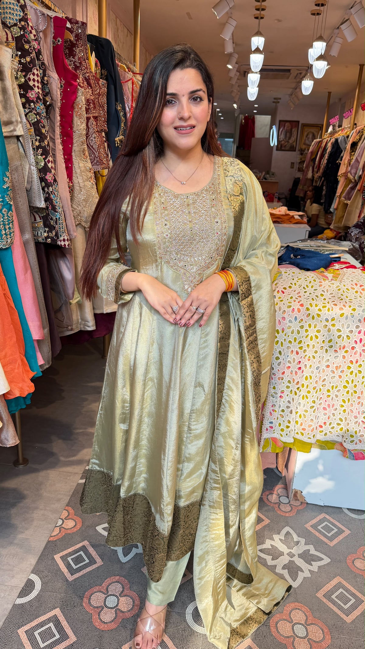 Silk Anarkali Suit with Antique Gold Embroidery
