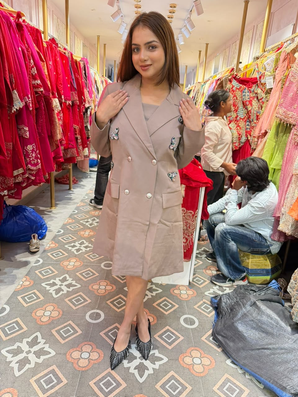 Taupe Embellished Double-Breasted Blazer Coat