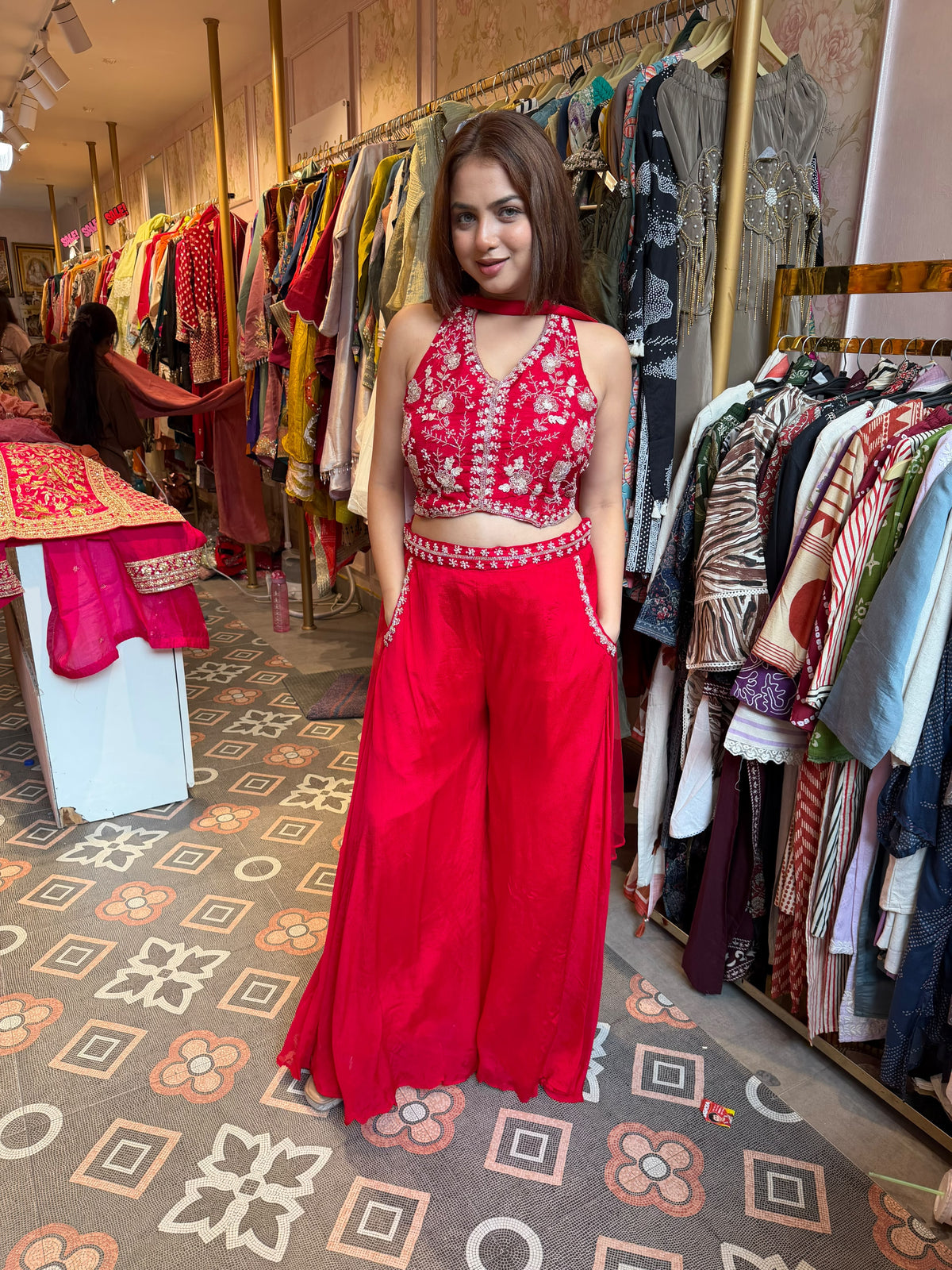 Hot Pink Embroidered Halter-Neck Crop Top & Palazzo Set with Dupatta