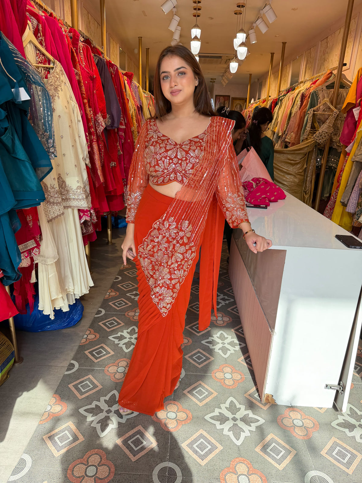 Embroidered Designer pre-draped saree