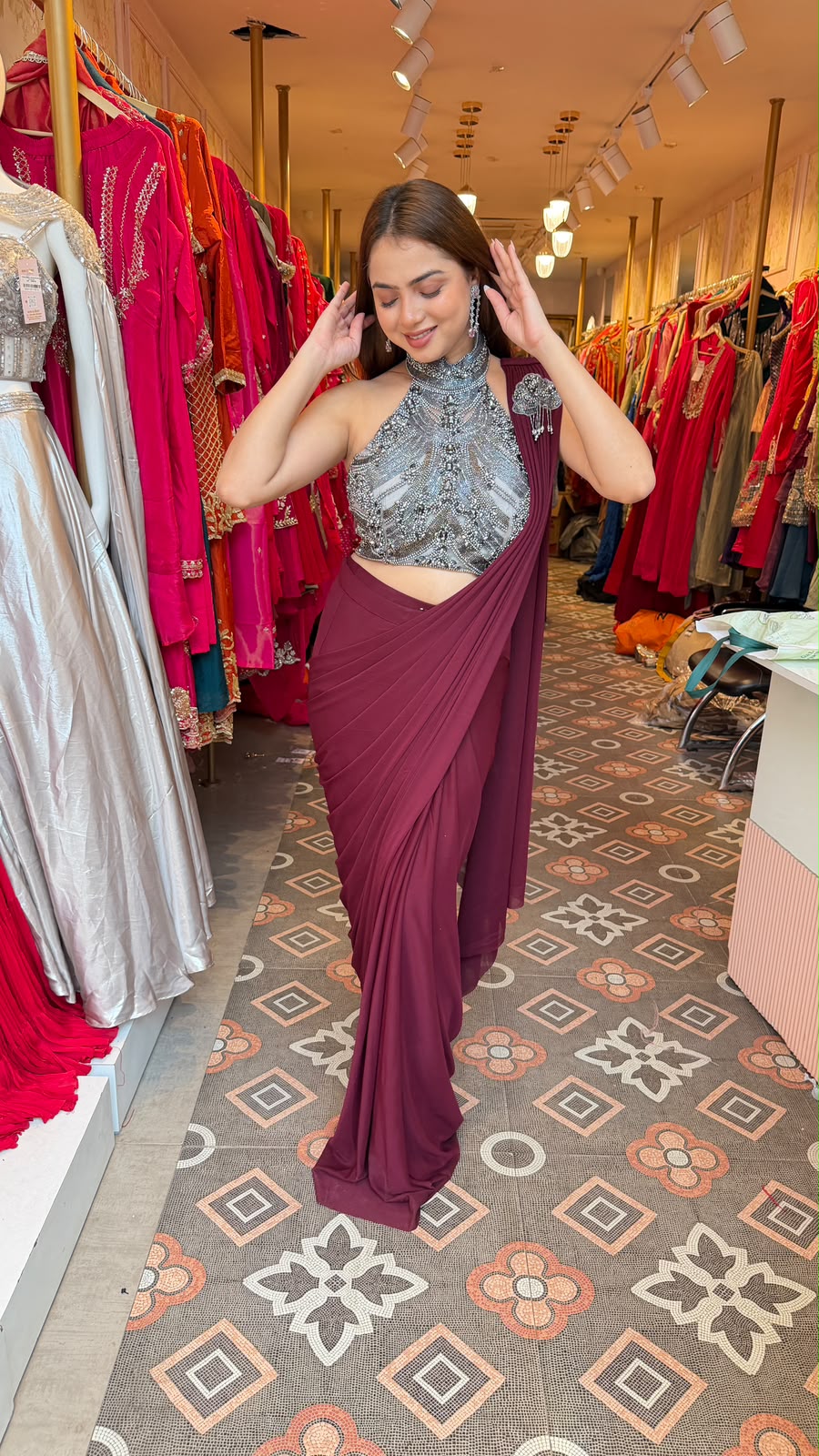 Pre-Draped Saree with Silver Crystal Embellished Halter-Neck Blouse