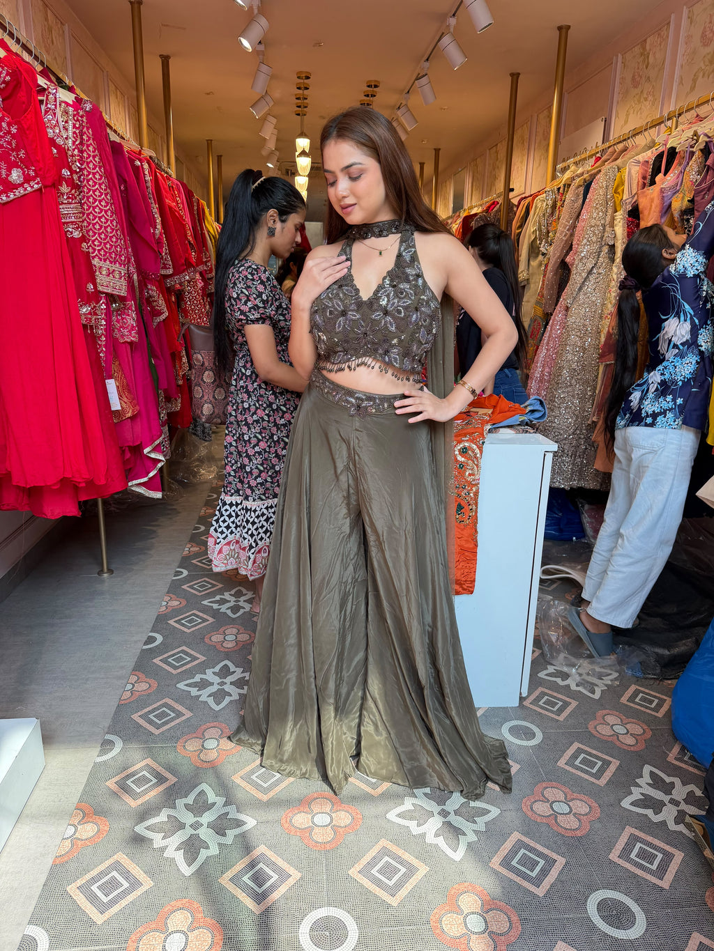 Olive Grey Metallic Lehenga Set