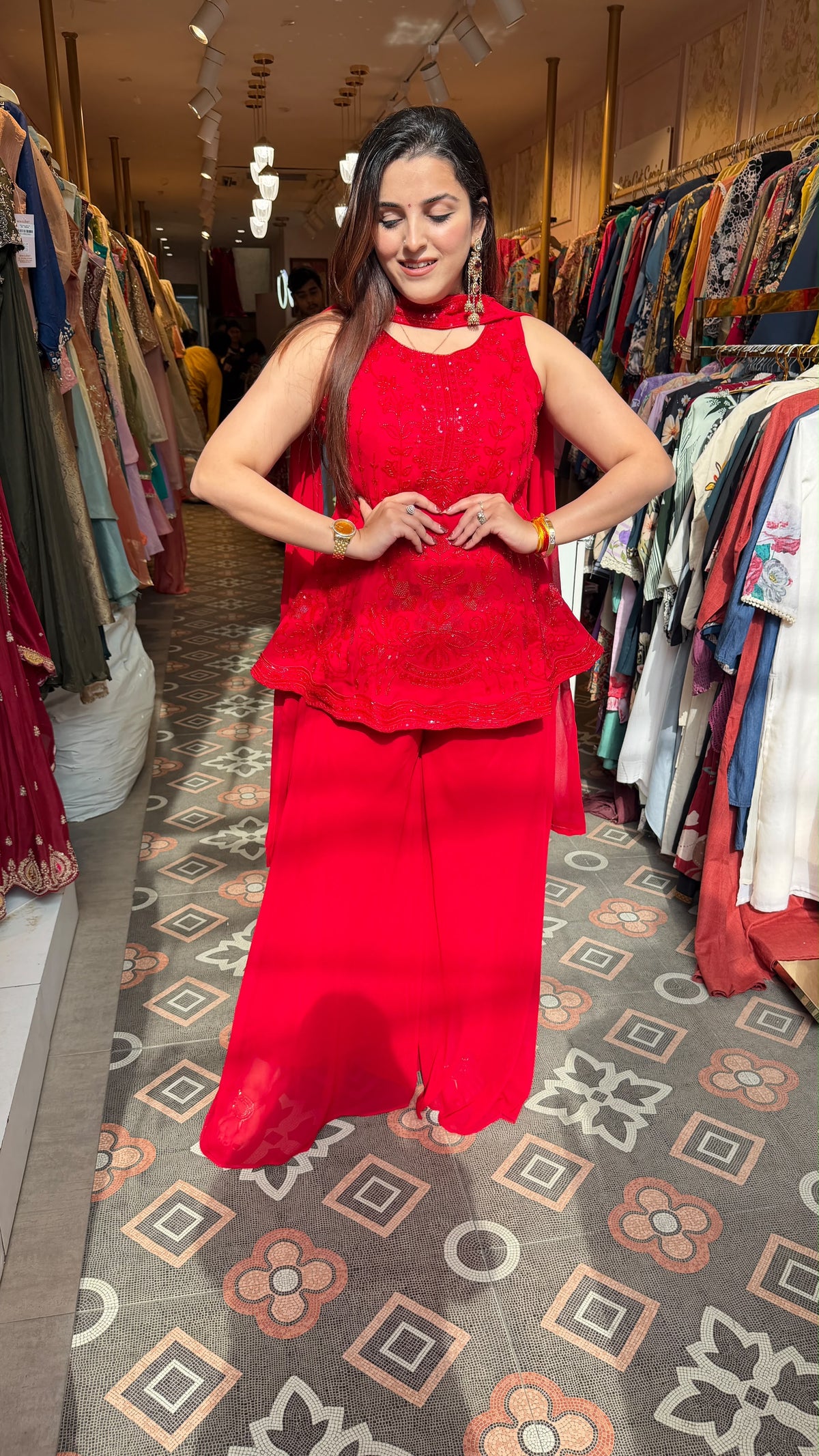 Red Embellished Indo-Western Peplum Gown / Palazzo Set
