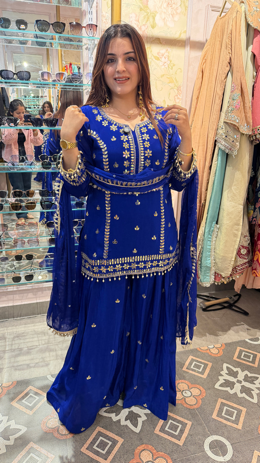 Royal Blue Embroidered Sharara Suit Set with Dupatta