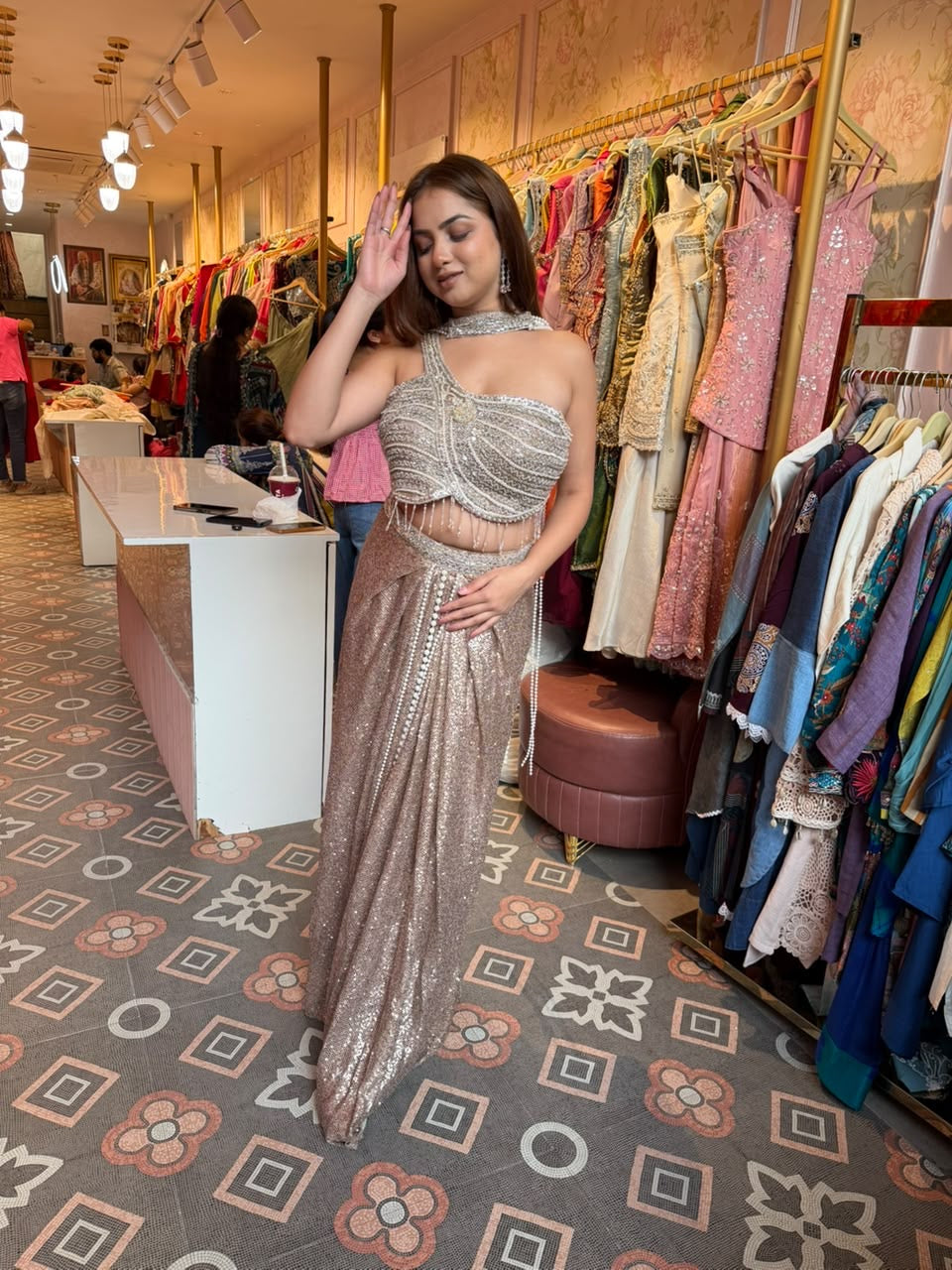 Champagne Rose Sequined Pre-Draped Saree with Corset Blouse