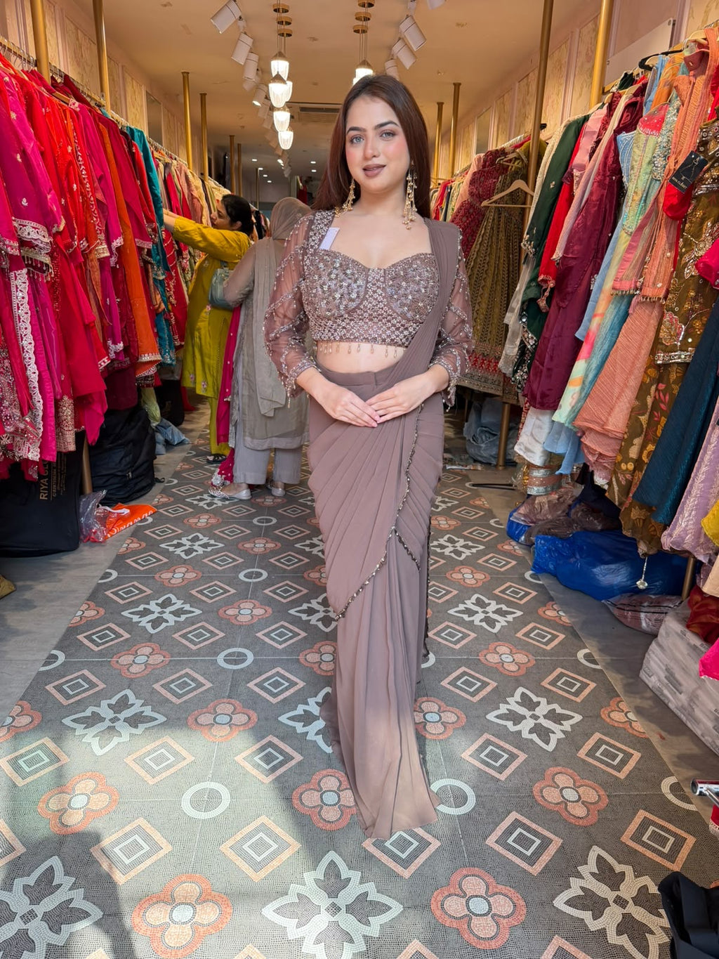 Elegant Pre-Draped Saree Gown with Embellished Blouse