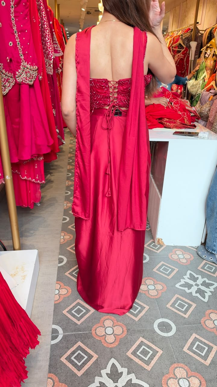 Designer Satin Drape Skirt with Beaded Cutwork Blouse