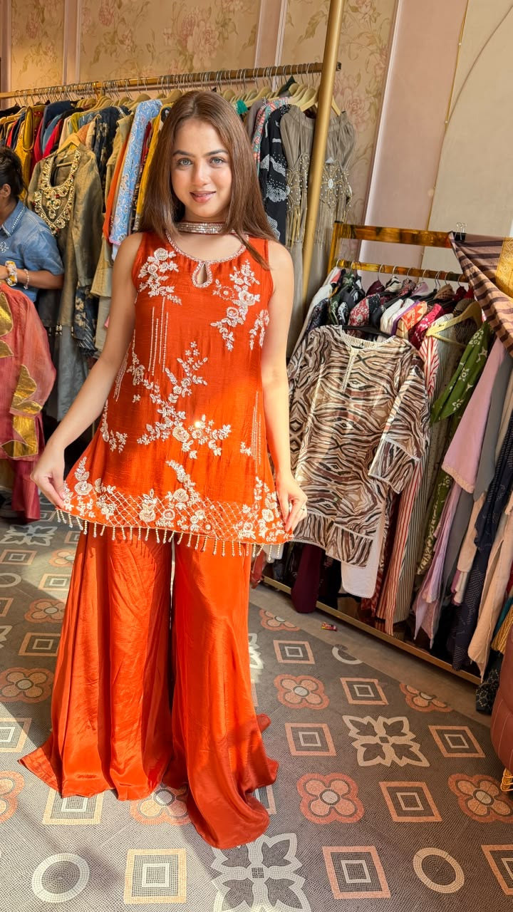 Pretty Embroidered Peplum Sharara Set