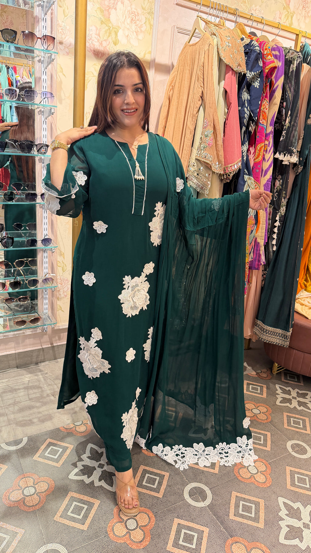 Emerald Green Floral Appliqué Kurta Set with Dupatta
