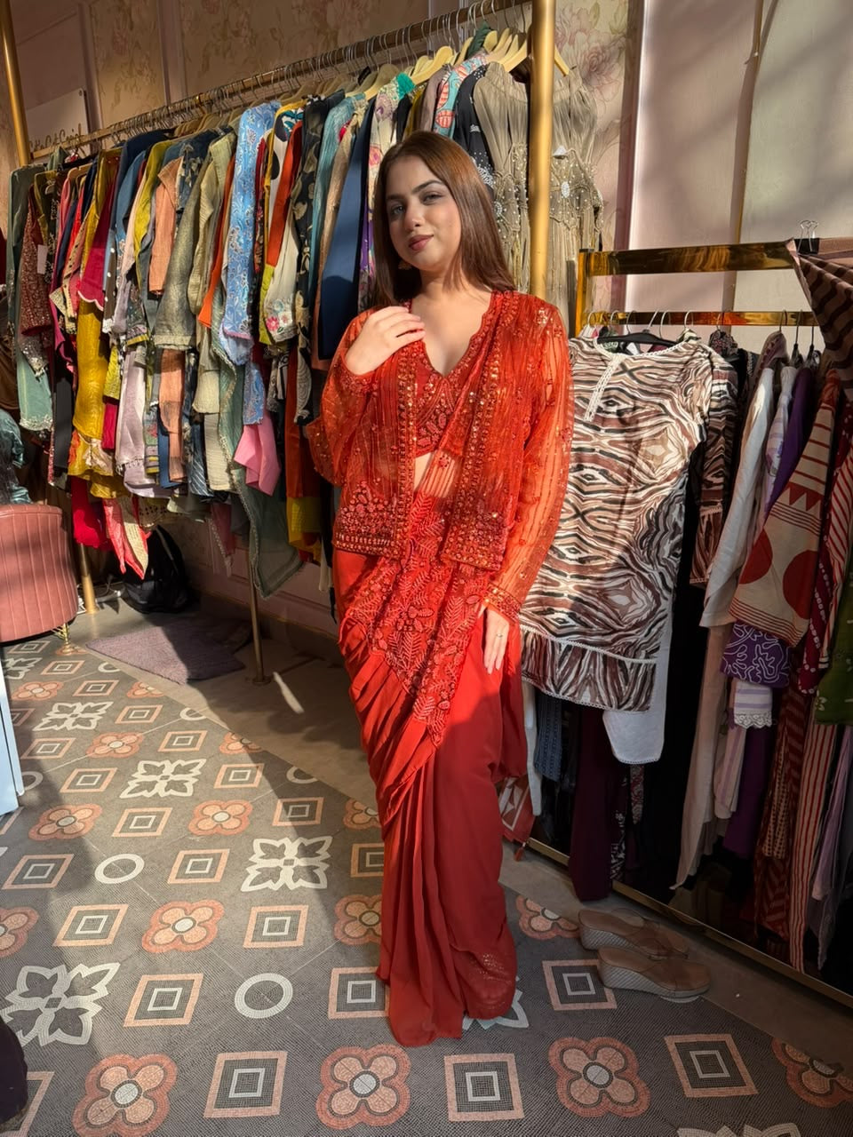 Coral Draped Saree with Embroidered Blouse & Jacket