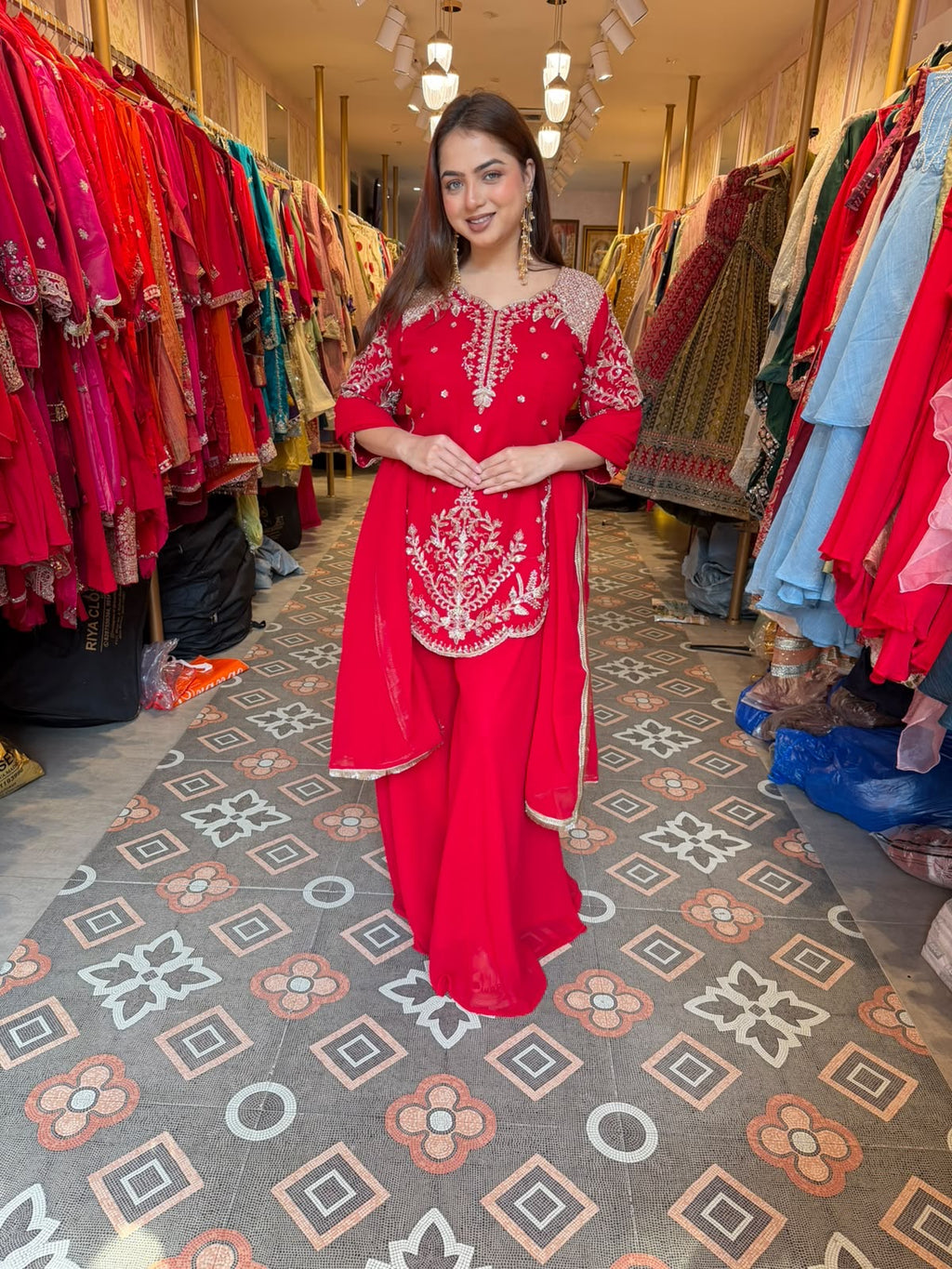 Elegant Red Embroidered Straight-Cut Suit with Sharara