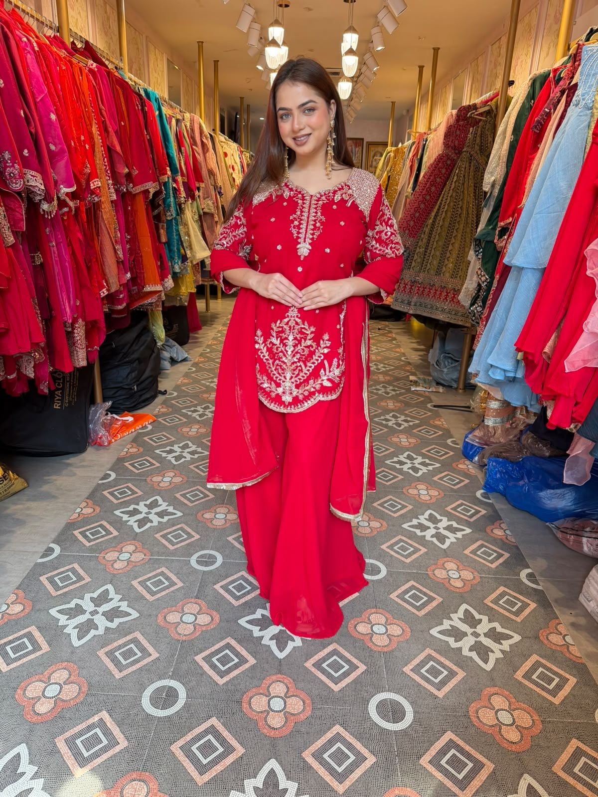 Elegant Red Embroidered Straight-Cut Suit with Sharara