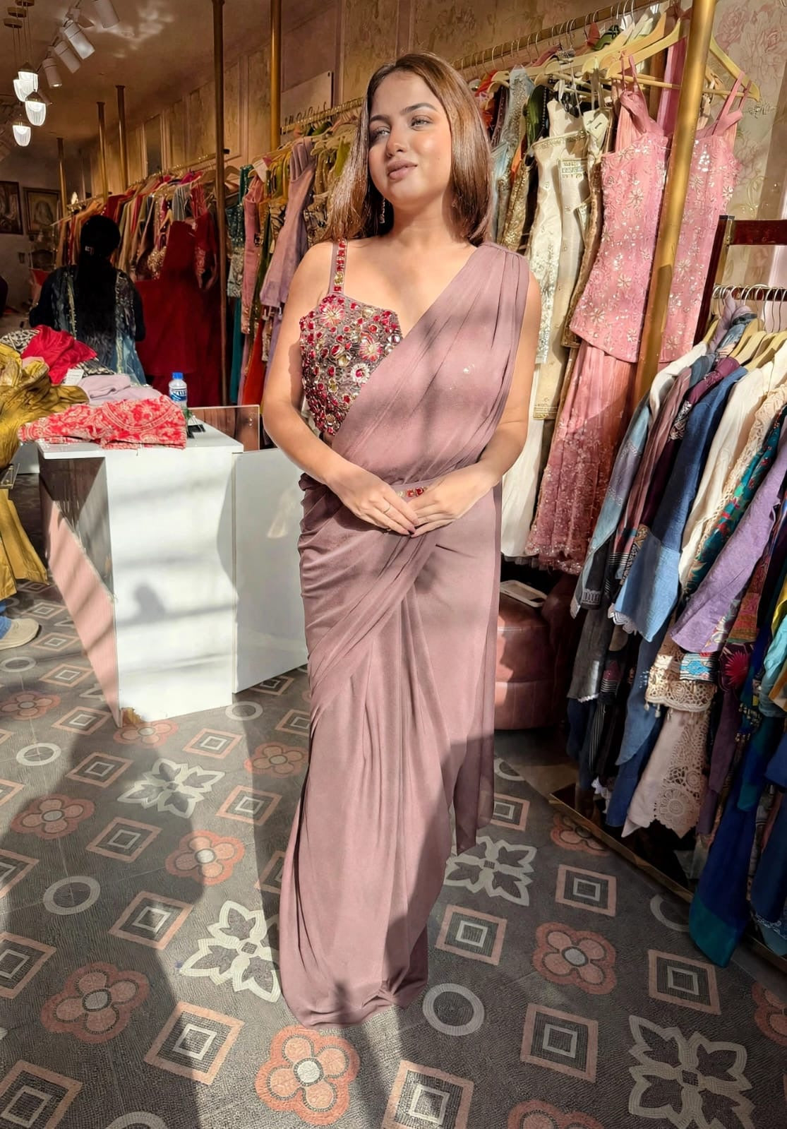 Draped Saree with Embellished Bustier Blouse