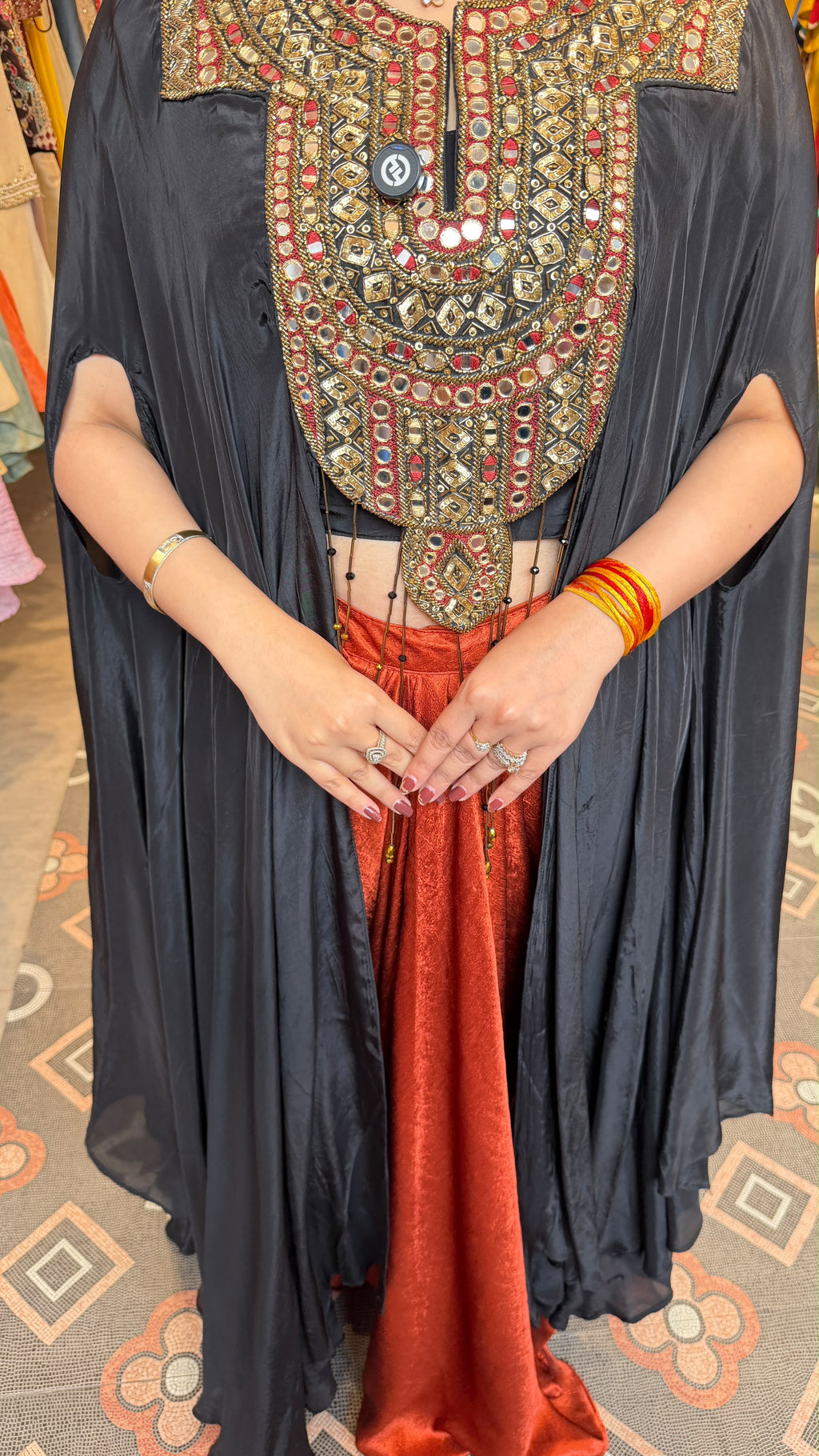 Black Cape-Style Kurta with Rust Satin Palazzo Pants