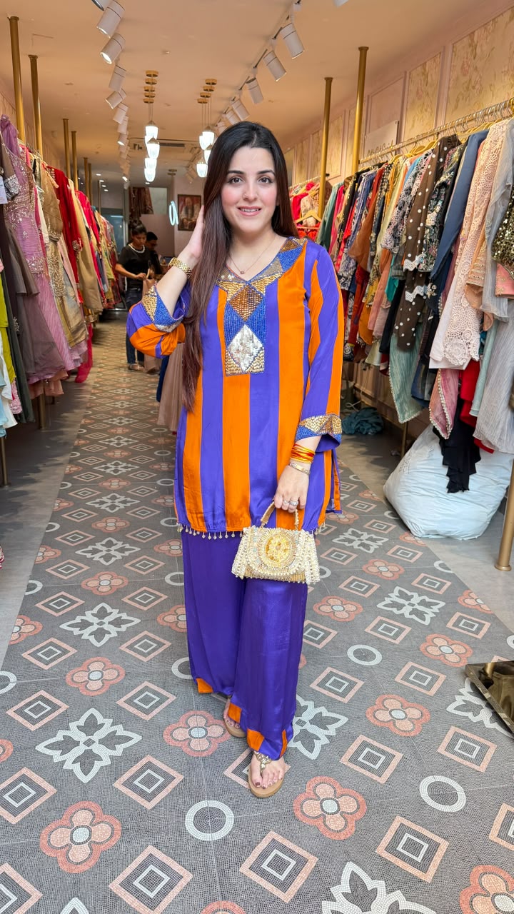 Royal Blue & Orange Contemporary Kurta–Palazzo Set