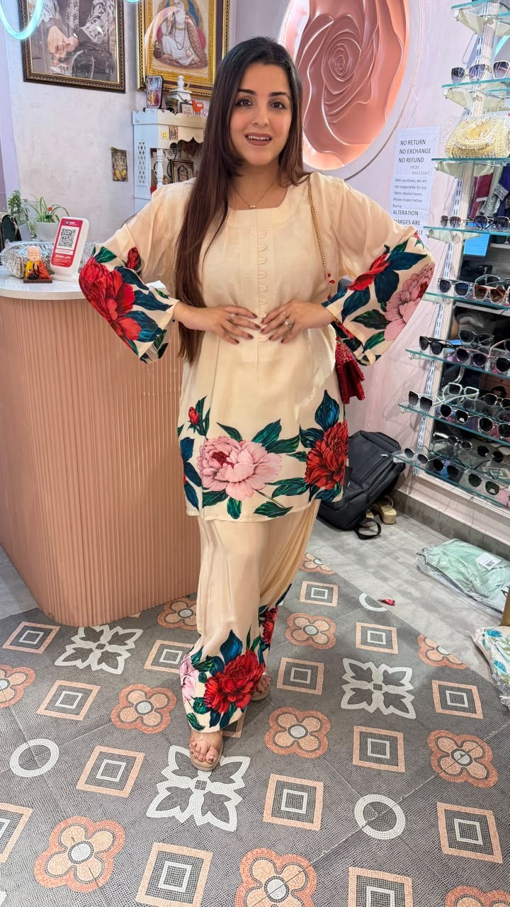 Ivory Floral Printed Kurta with Palazzo Pants