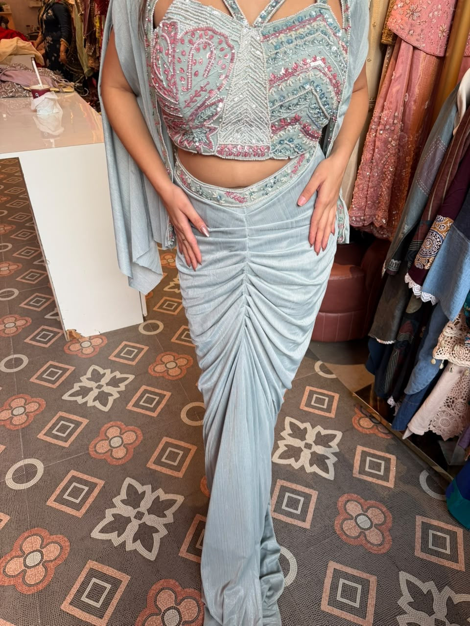 Draped Skirt & Embroidered Crop Top Co-ord Set