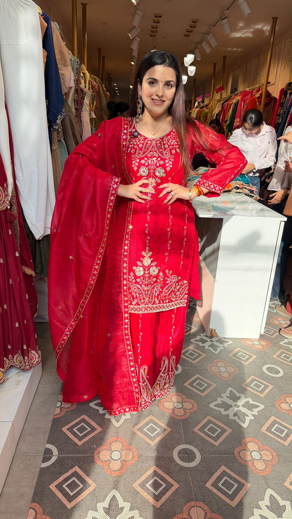 Red Embroidered Straight-Cut Kurta Palazzo Suit