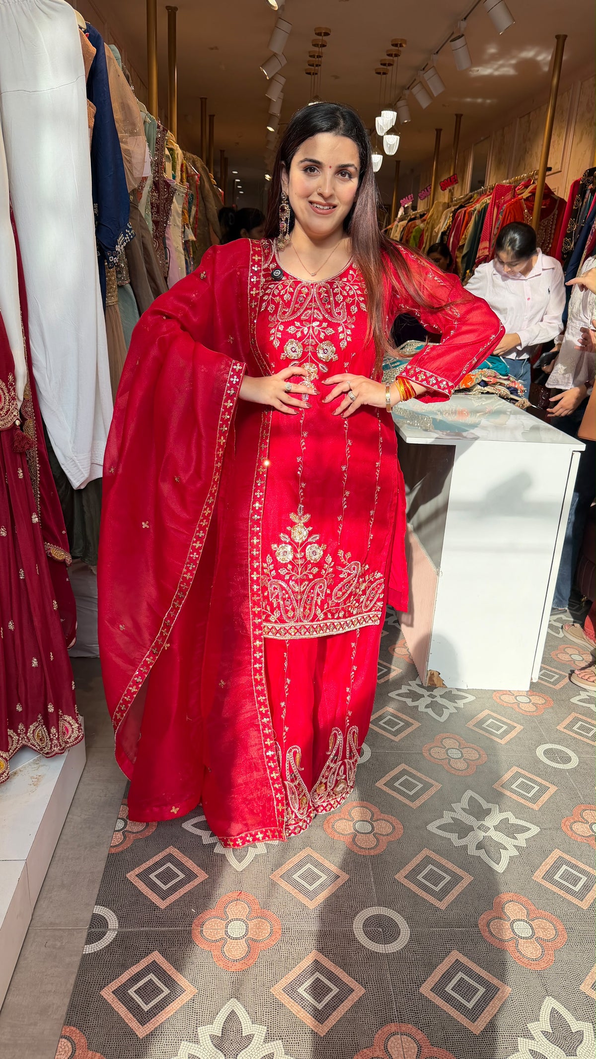 Red Embroidered Straight-Cut Kurta Palazzo Suit
