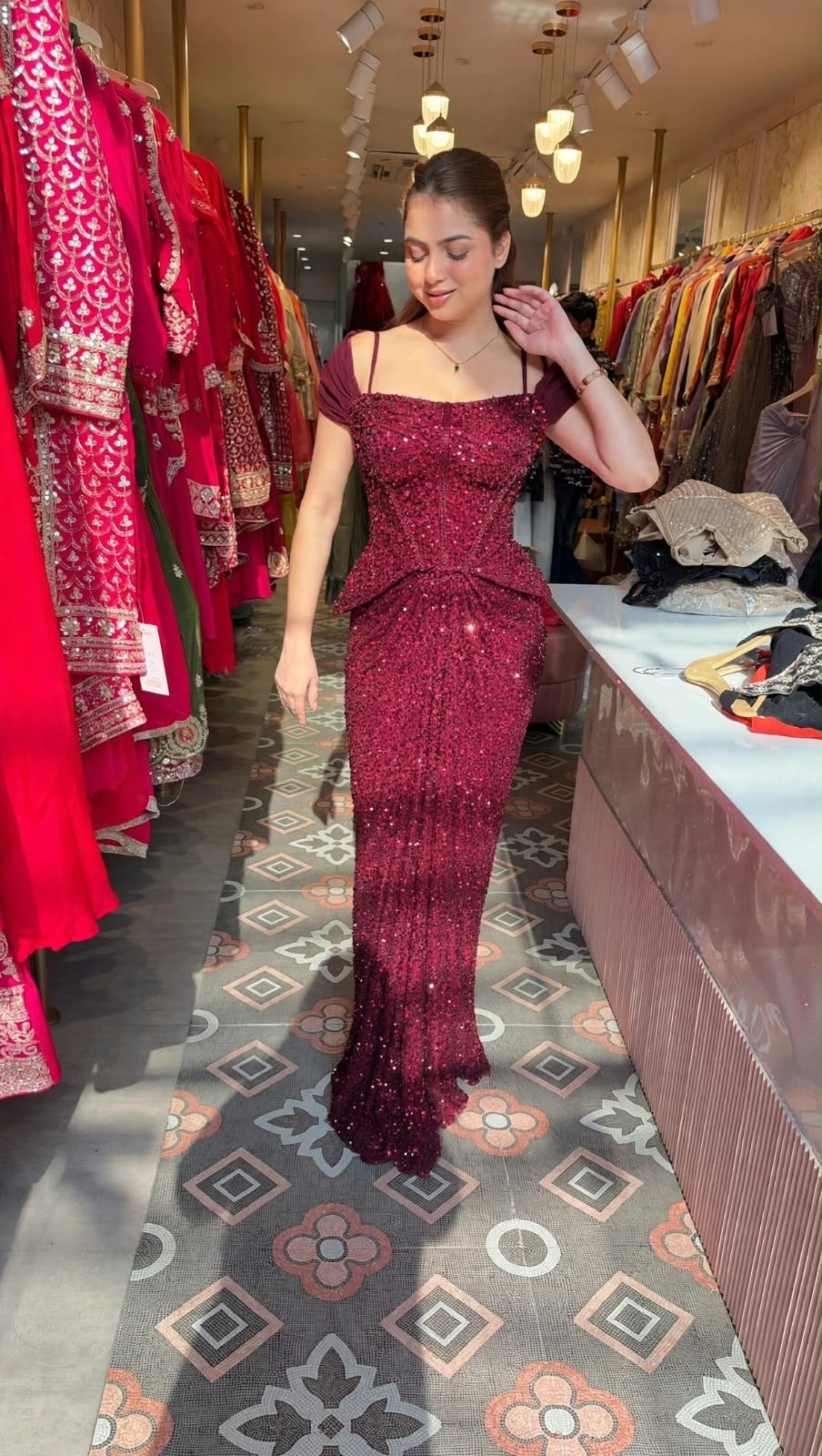 Sequin Mermaid Gown with Peplum Corset Bodice