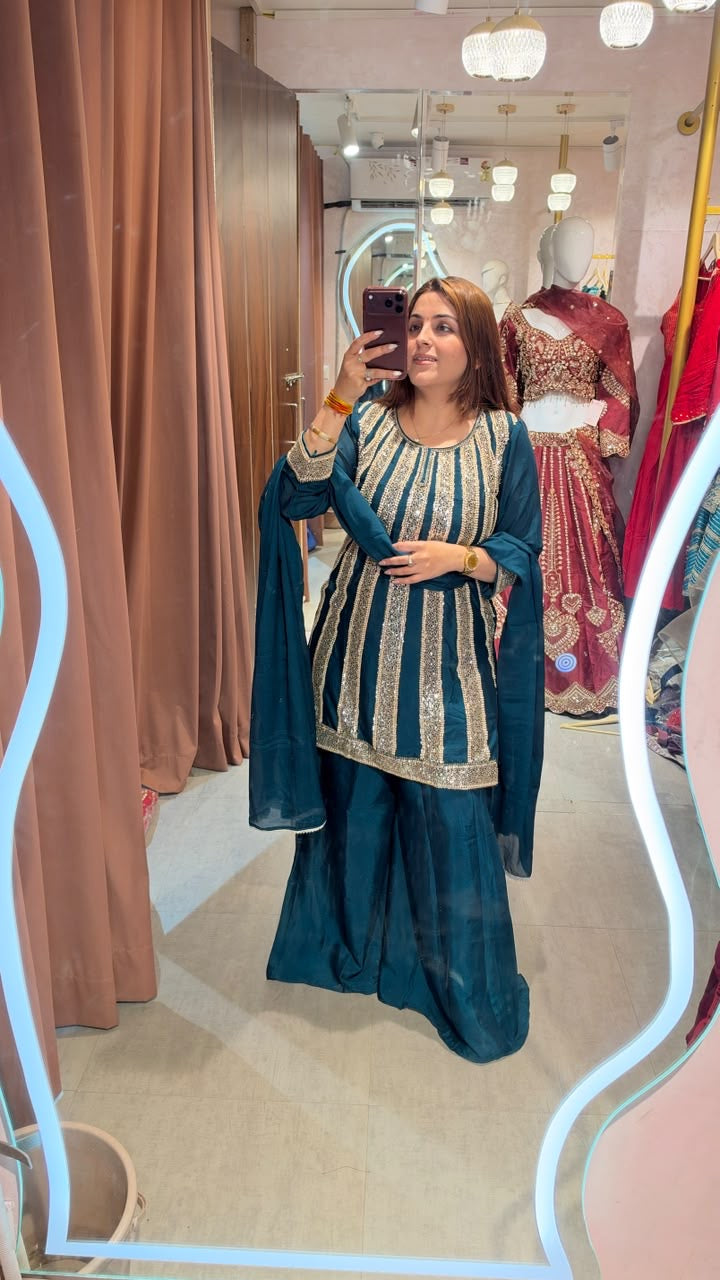 Gold Work Embroidered Kurti with Sharara and Dupatta