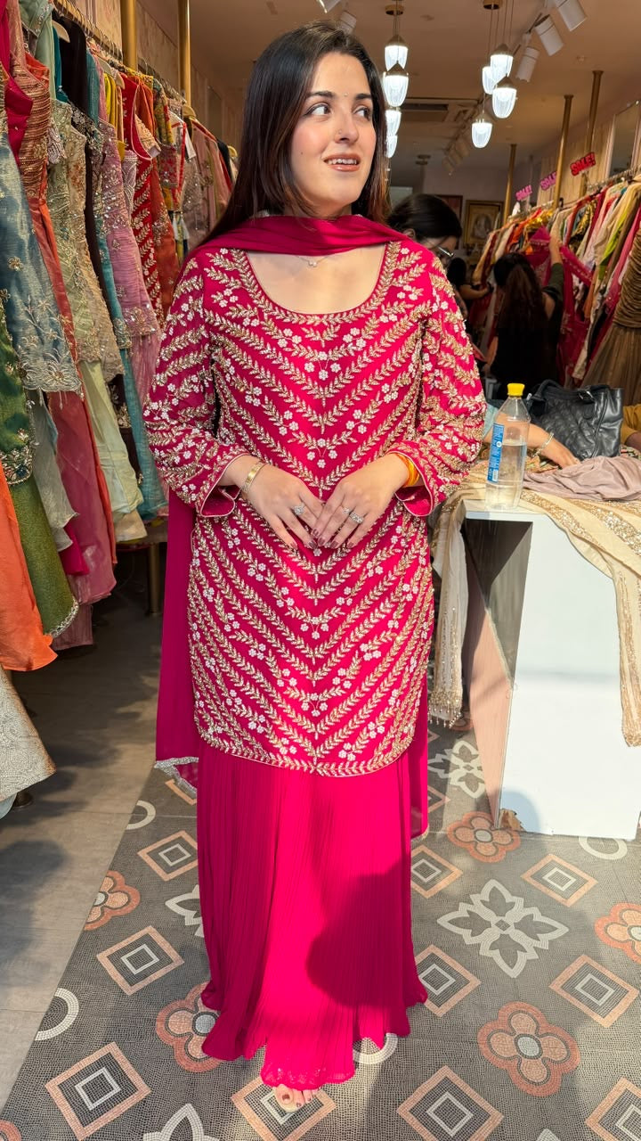 Fuchsia Pink Embroidered Straight Kurta with Flared Palazzo Set