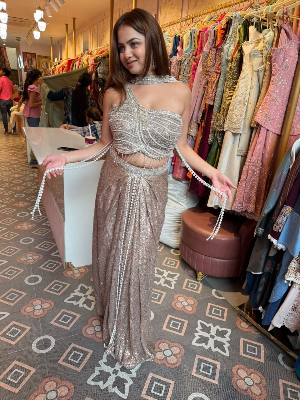 Champagne Rose Sequined Pre-Draped Saree with Corset Blouse