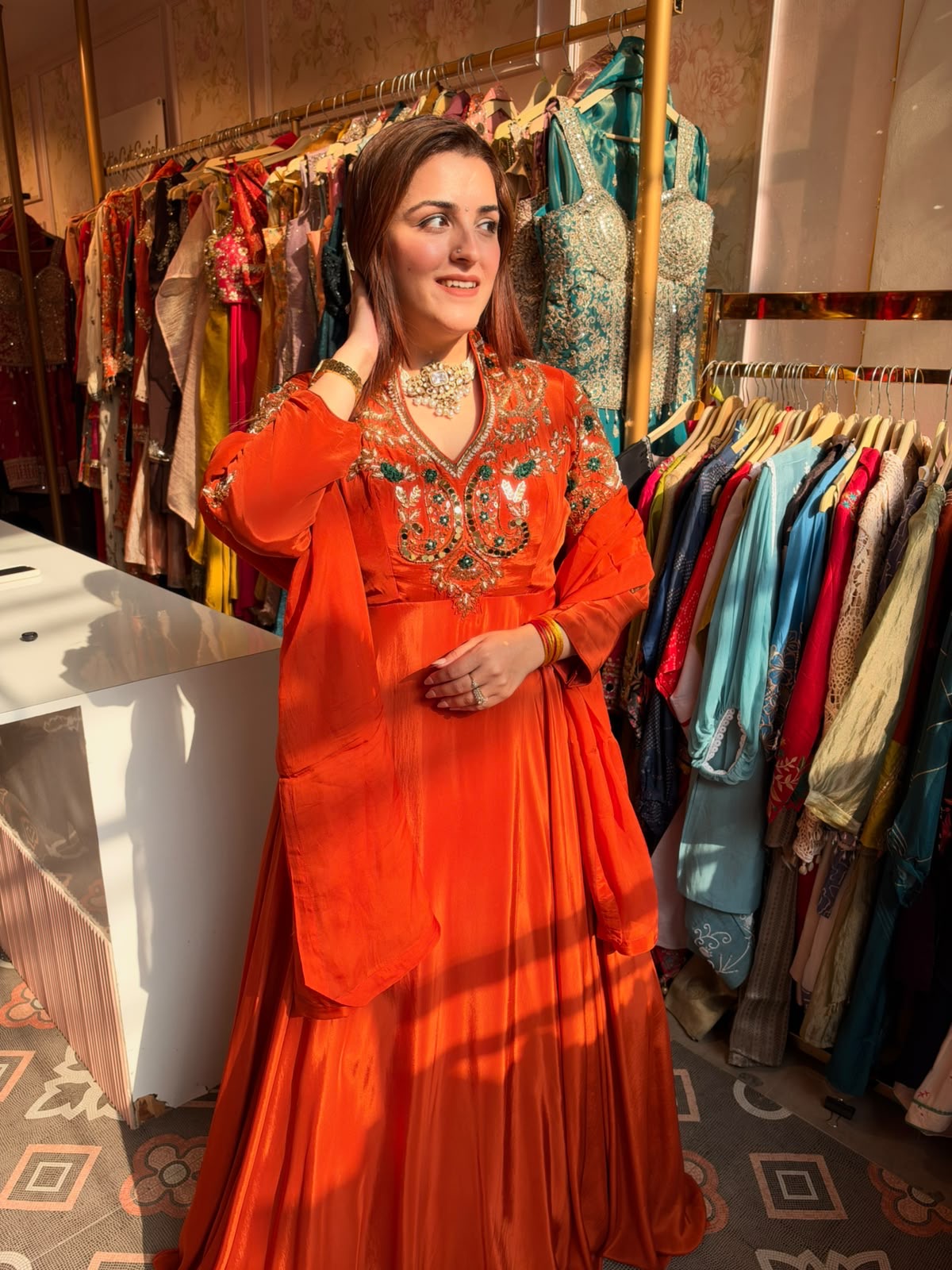 Rust Orange Embroidered Floor-Length Anarkali suit with Matching Dupatta