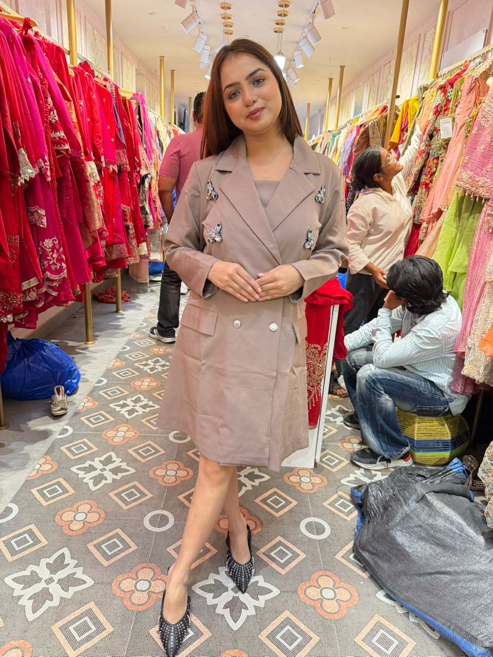 Taupe Embellished Double-Breasted Blazer Coat