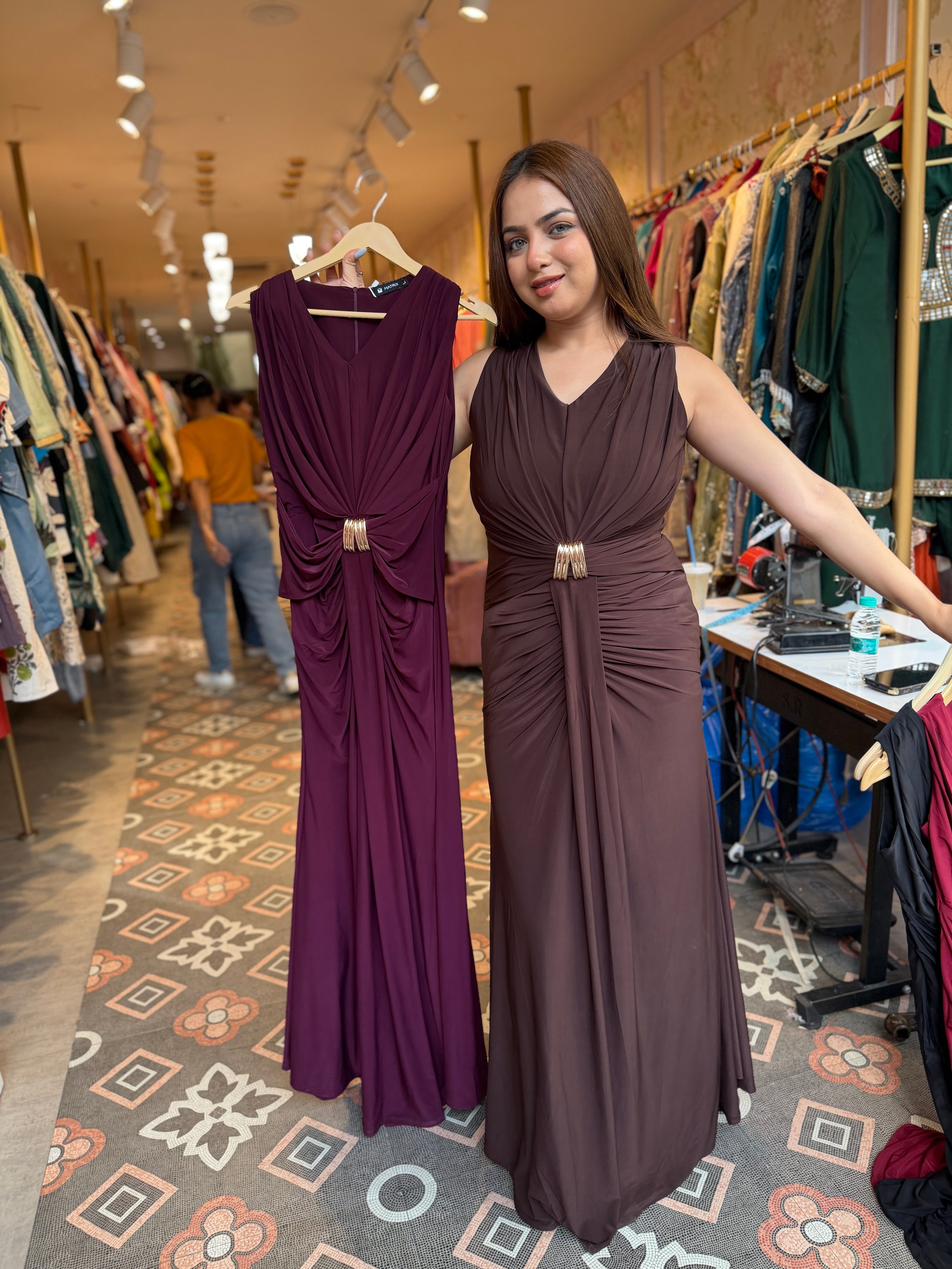 Midnight Mocha Ruched Evening Gown