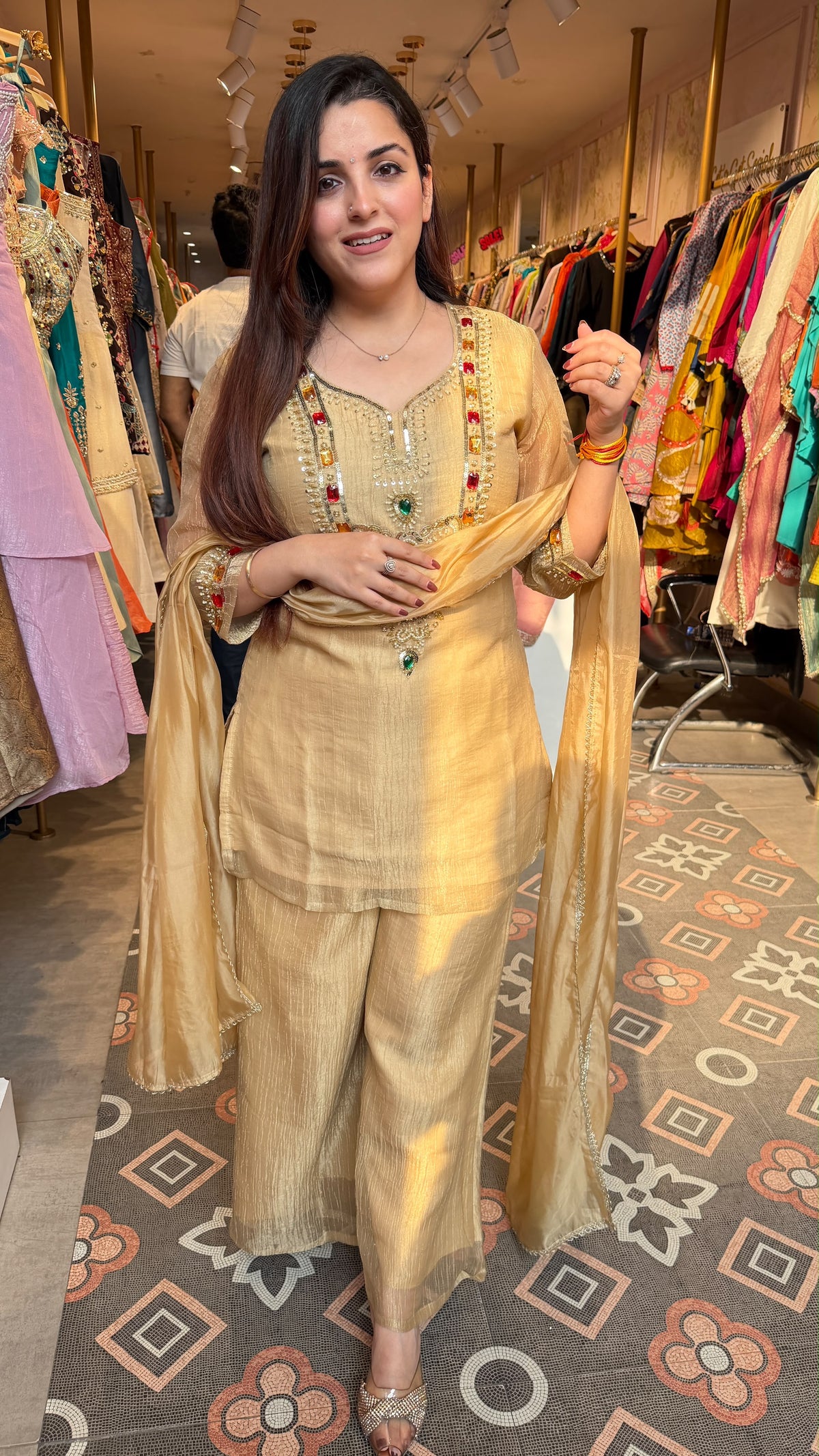 Champagne Gold Embroidered Straight-Cut Suit Set