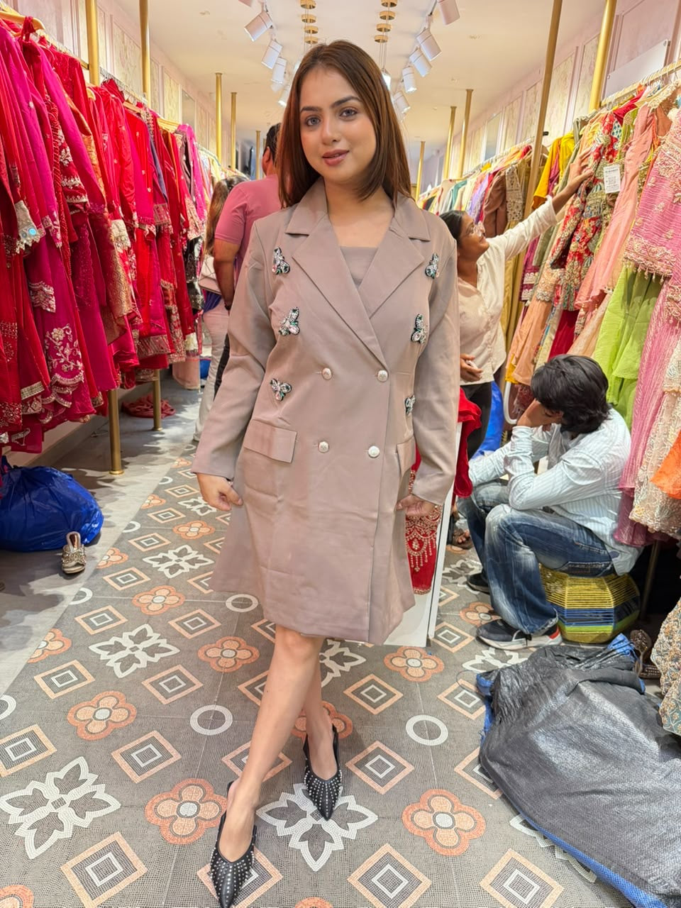Taupe Embellished Double-Breasted Blazer Coat