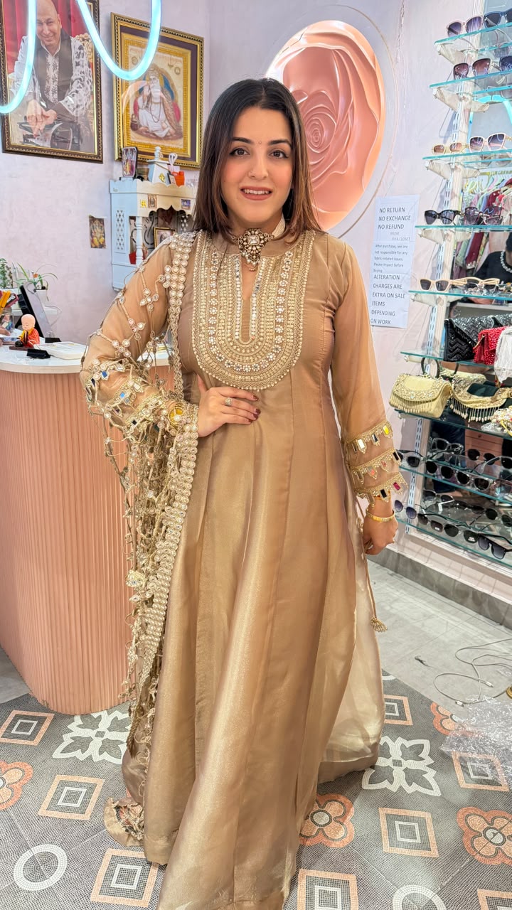Champagne Gold Anarkali Gown with Heavy Pearl & Mirror Embroidery