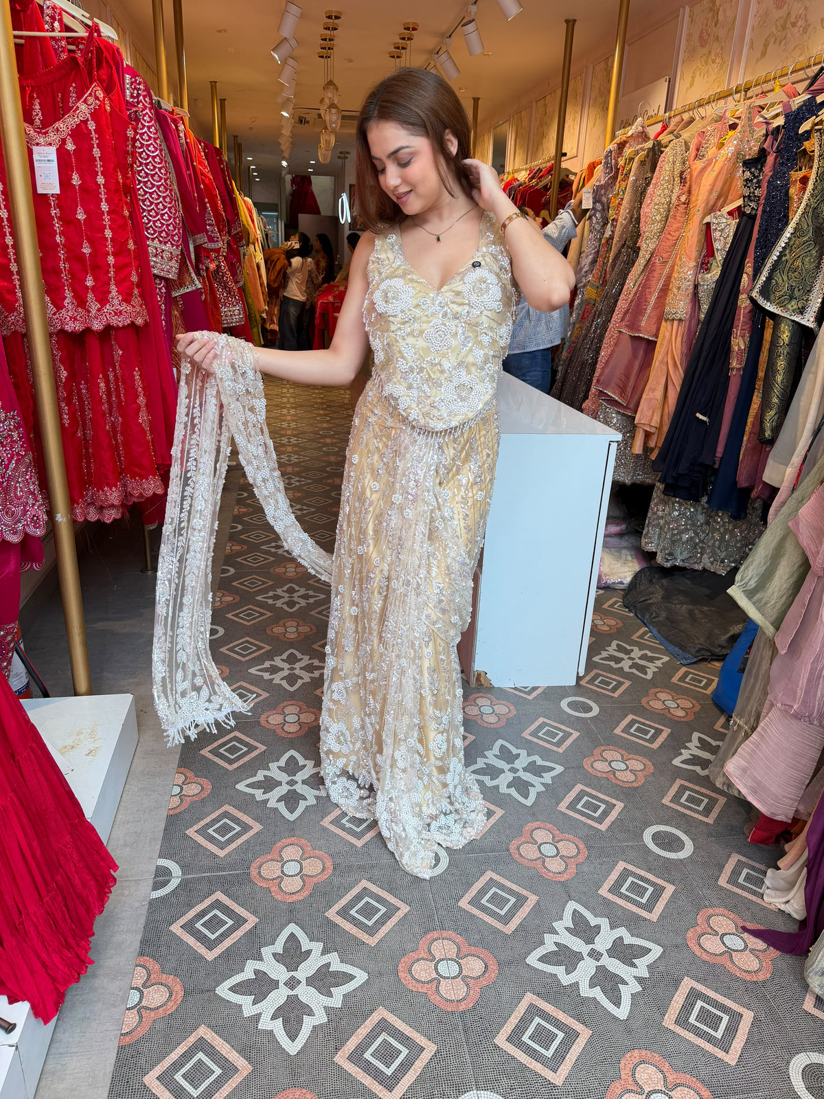 Luxury Champagne Gold Embellished Mermaid Gown with Sheer Dupatta