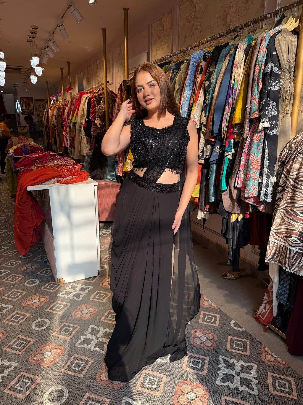 Black Embellished Draped Crop Top with Flared Palazzo Skirt