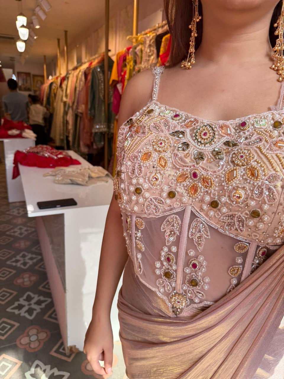 Gold Pre-Draped Saree with Embellished blouse