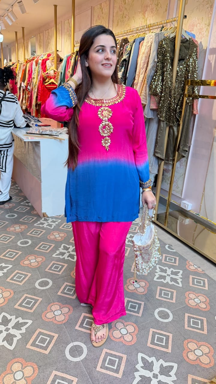 Ombre Pink & Royal Blue Silk Straight Kurta Set