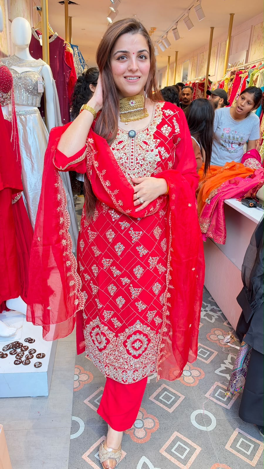 Red Heavy Embroidered Straight-Cut Suit Set