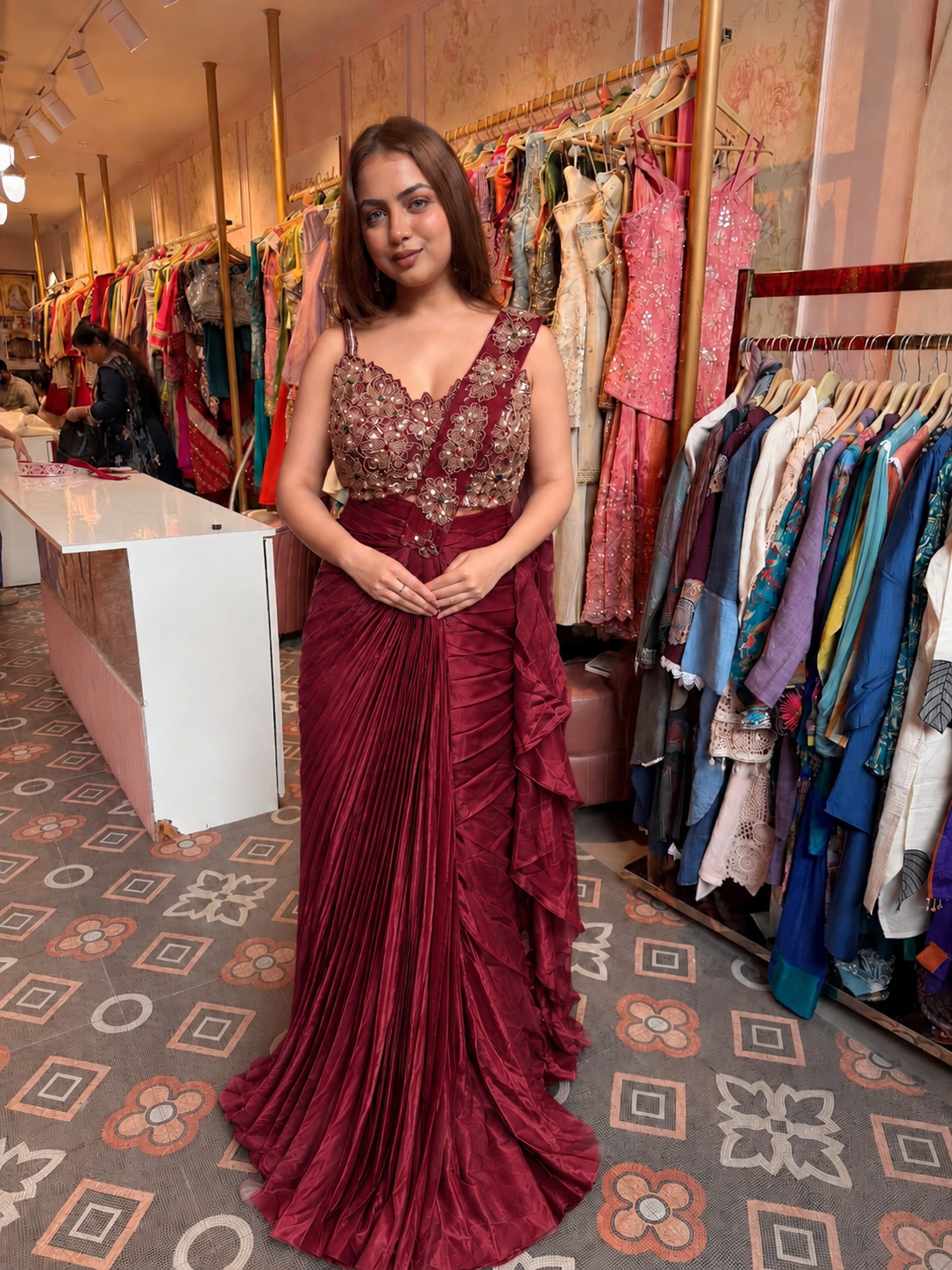 Draped Pre-Pleated Saree with Embellished Blouse