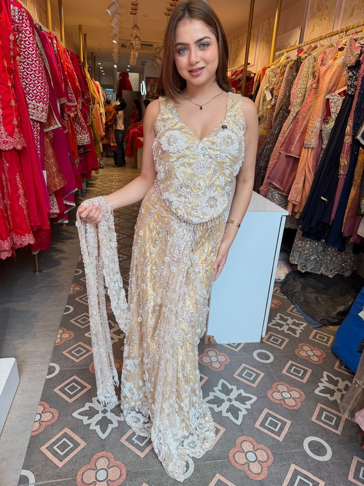 Luxury Champagne Gold Embellished Mermaid Gown with Sheer Dupatta