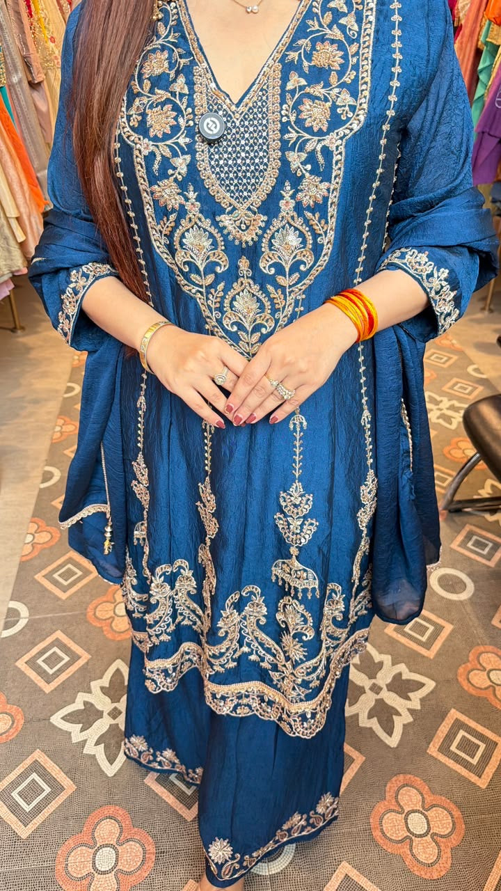 Navy Blue Embroidered Anarkali Kurta Set with Palazzo Pants