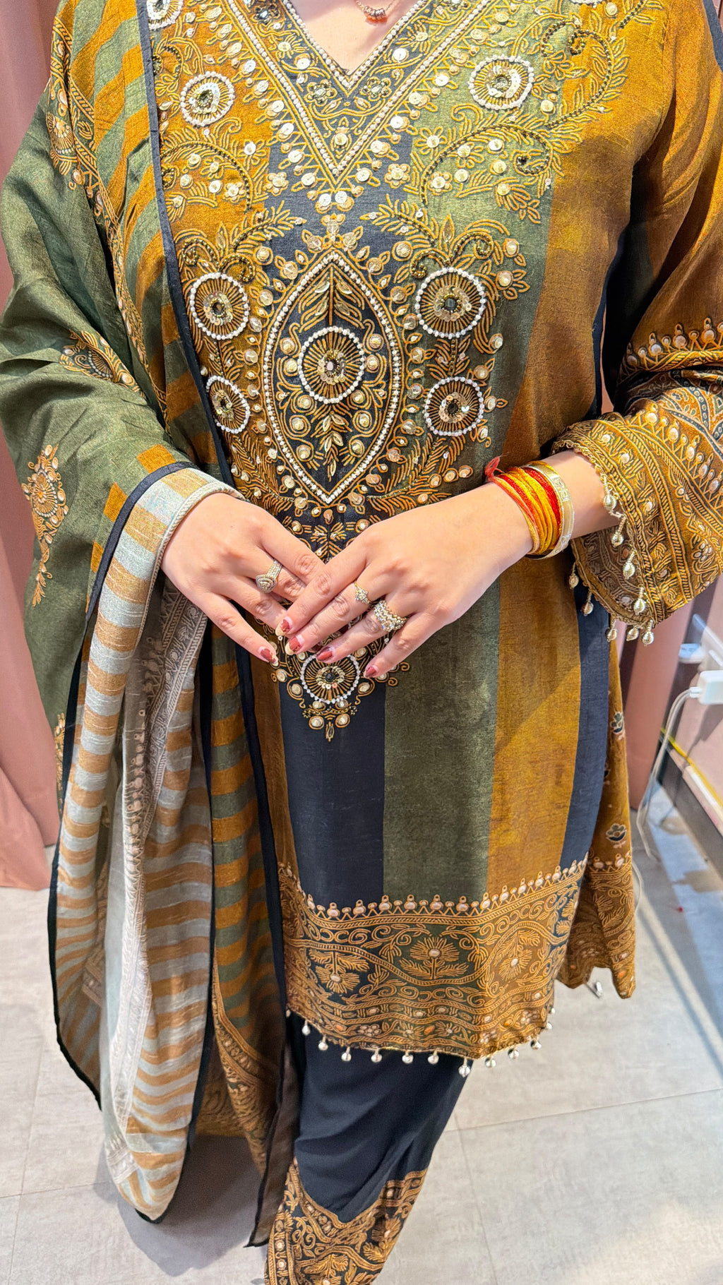 Olive Green & Mustard Pakistani-Style Embroidered 3-Piece Suit