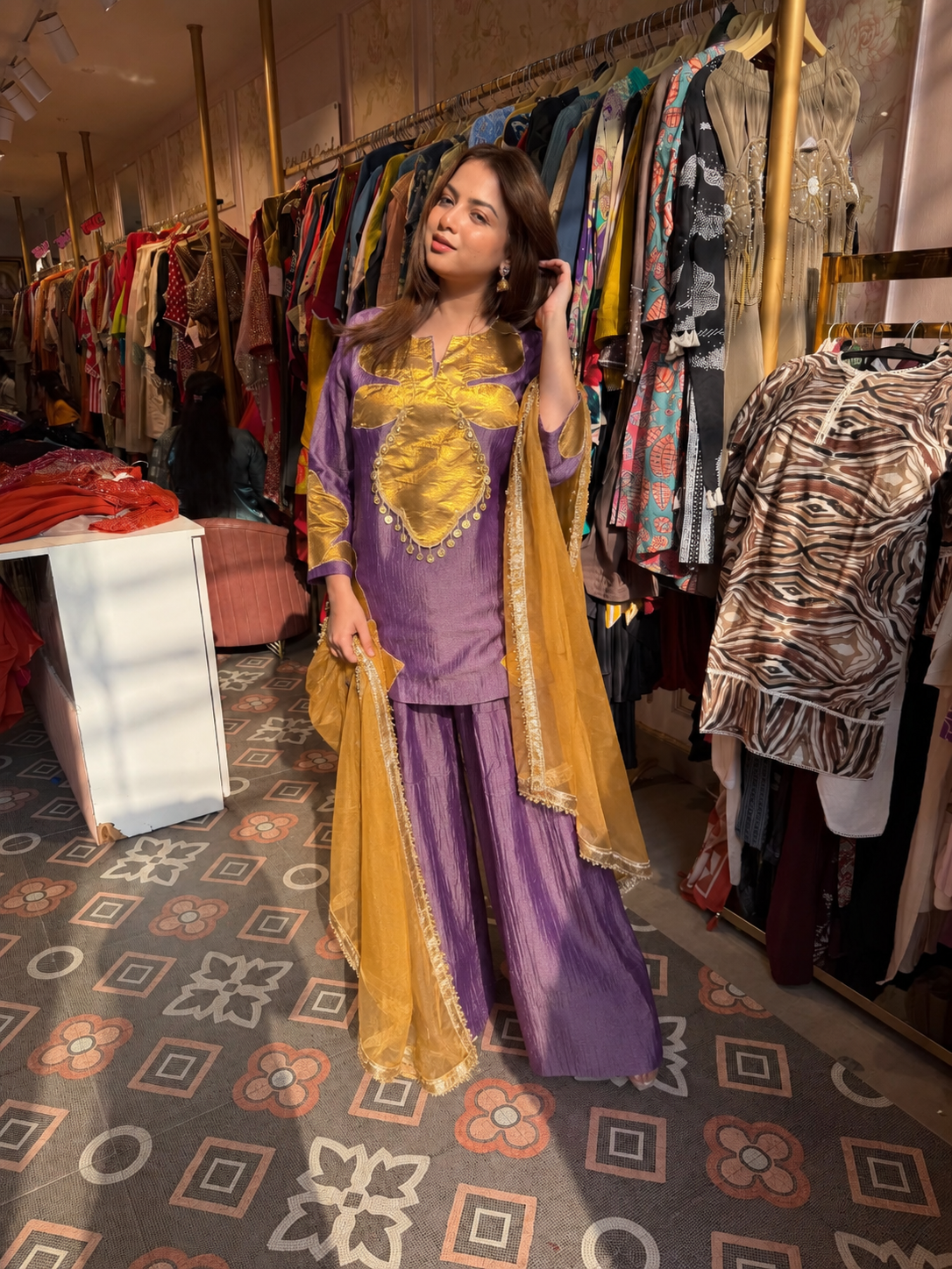 Fuchsia Peplum Kurta with Gharara & Dupatta Set