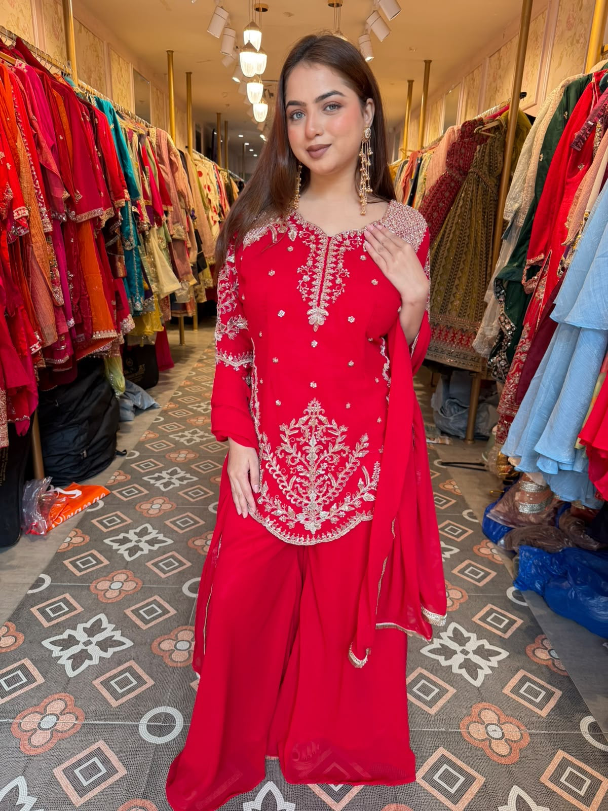 Elegant Red Embroidered Straight-Cut Suit with Sharara