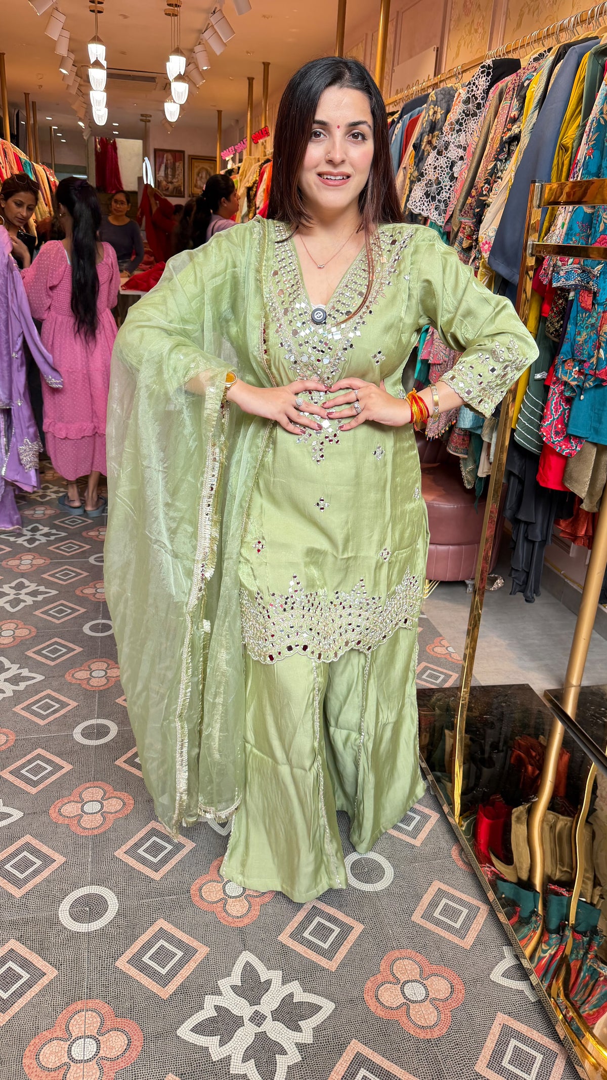 Chikankari-Style Kurta with Palazzo Pants & Dupatta Set