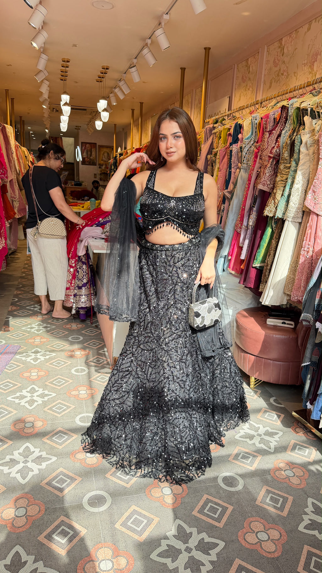 Black Sequin Mermaid Lehenga with Embellished Bustier & Sheer Dupatta