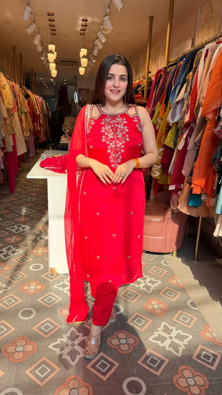 Bright Red Embroidered Straight-Cut Suit