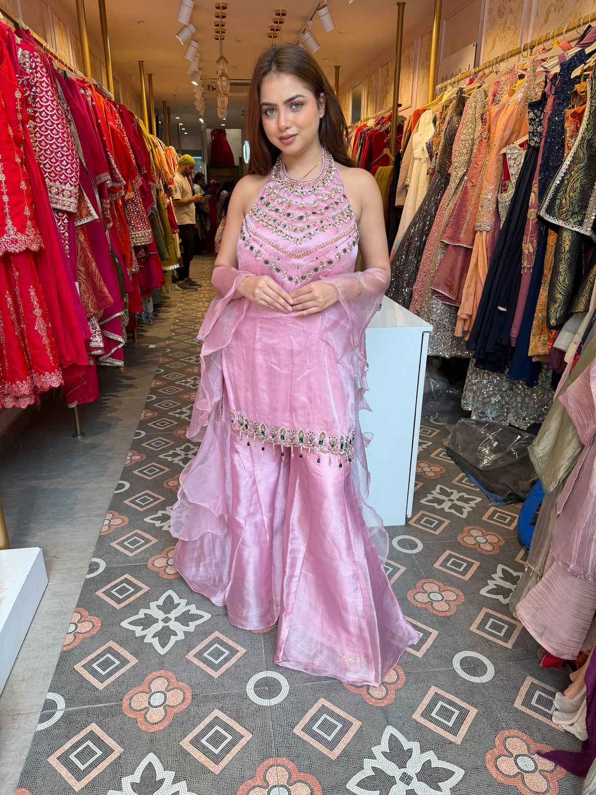 Embellished Halter-Neck Peplum Sharara Set